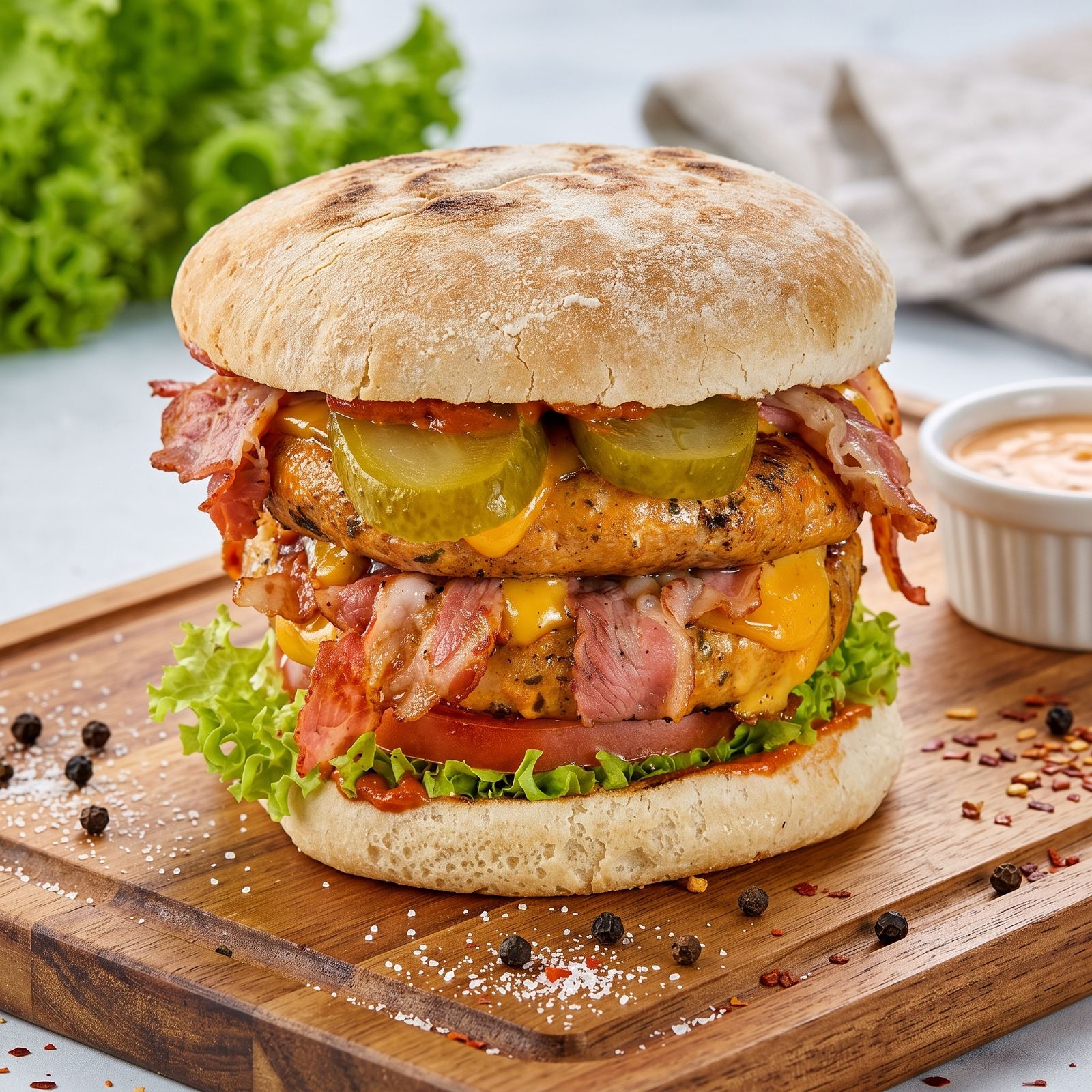 Loaded halal burger with beef bacon, melted cheese and pickles