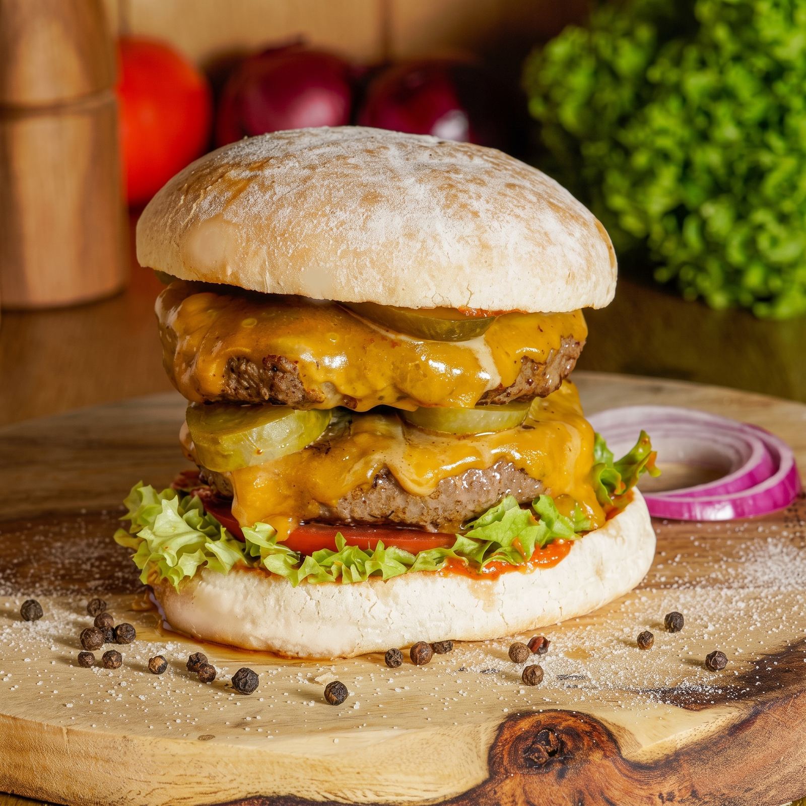 Double stacked cheeseburger loaded with cheddar and pickles