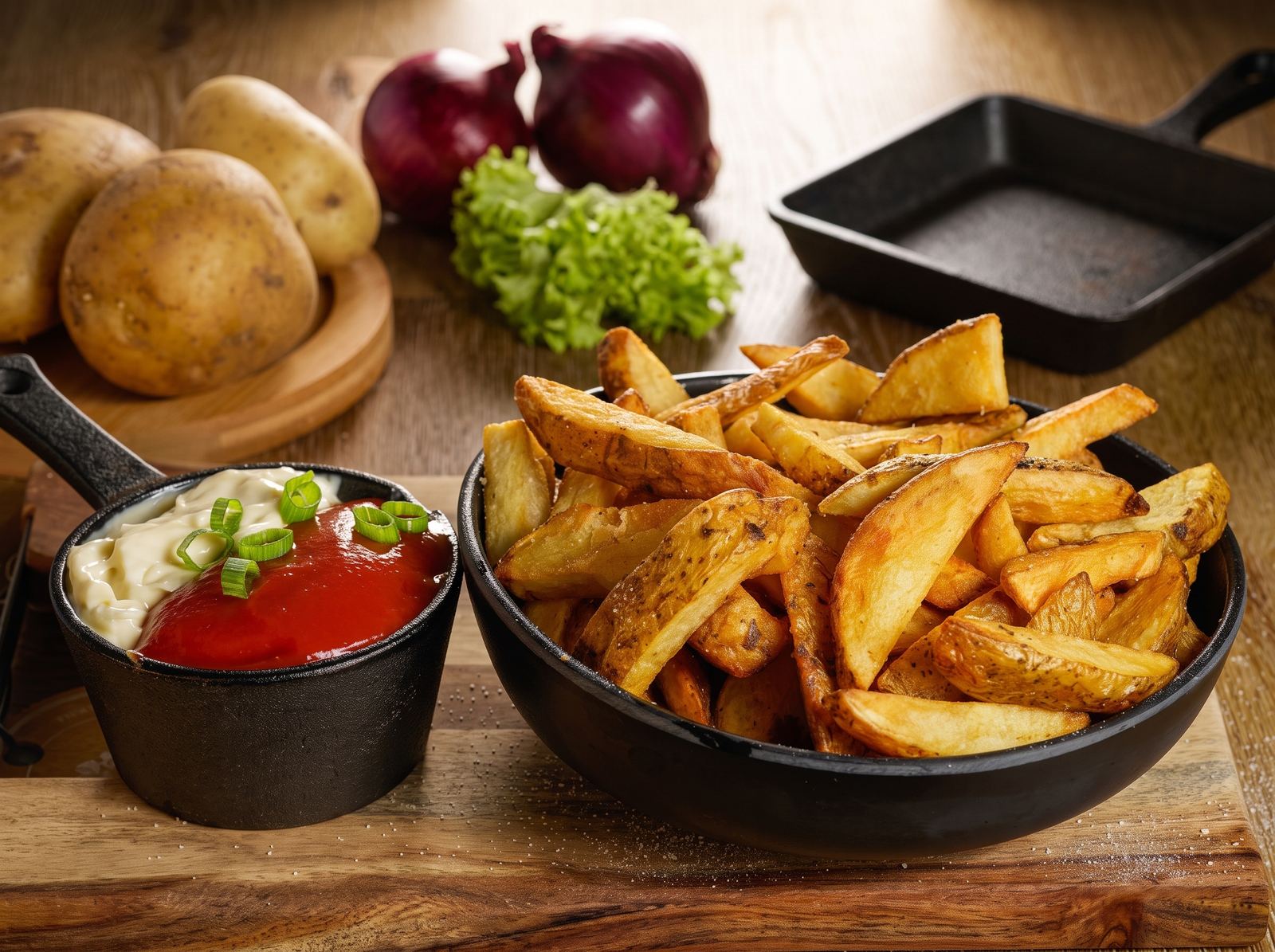Hand-cut fries served in a cast-iron bowl with mayo and ketchup
