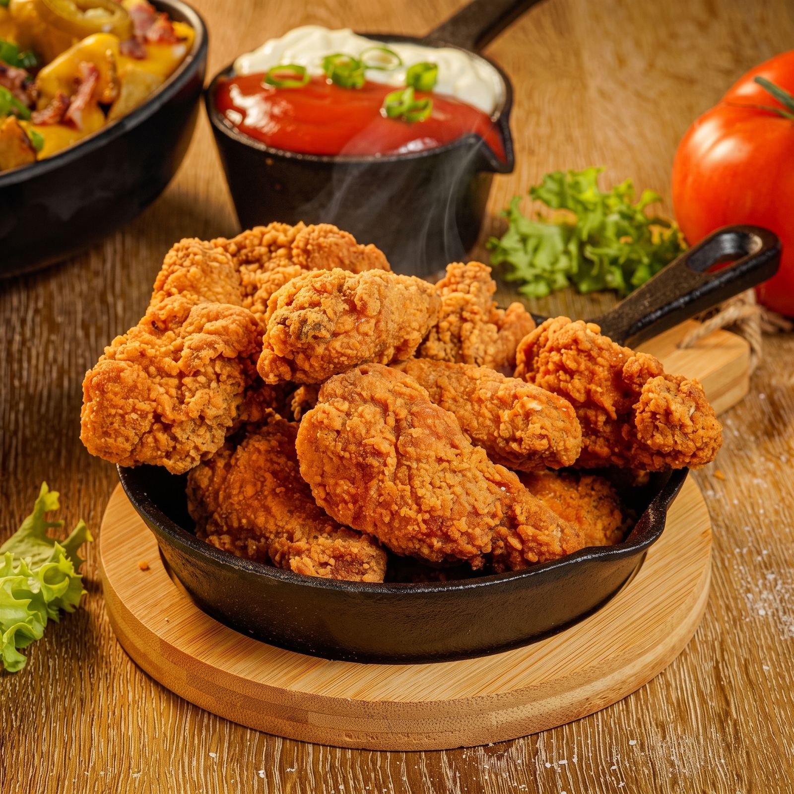 Crispy fried chicken tenders served in a cast-iron skillet