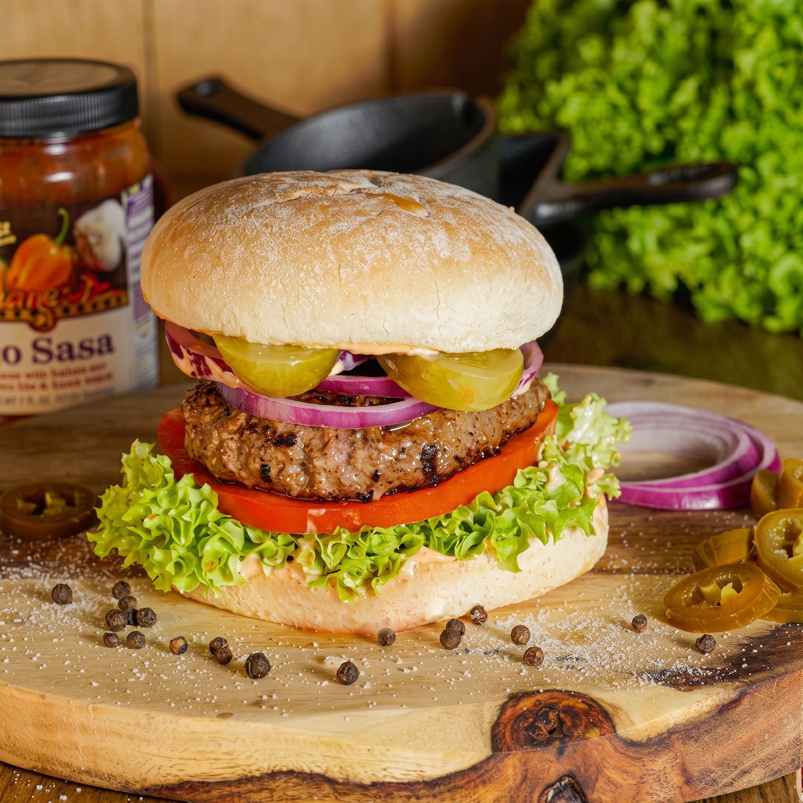 Food Brothers Amsterdam premium grilled burger, stacked high with fresh toppings on a wooden board